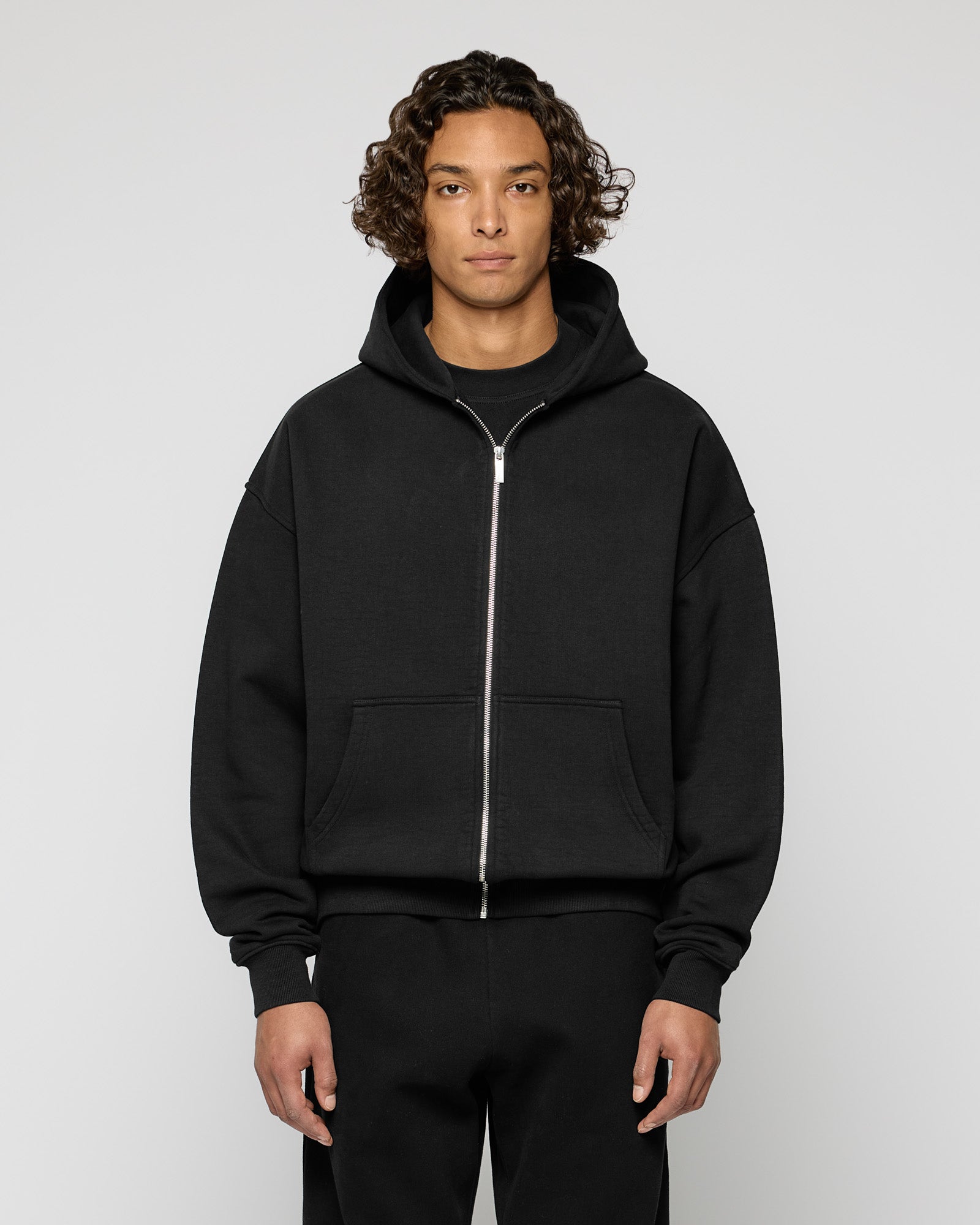 Heavy Black Basic Zip Hoodie