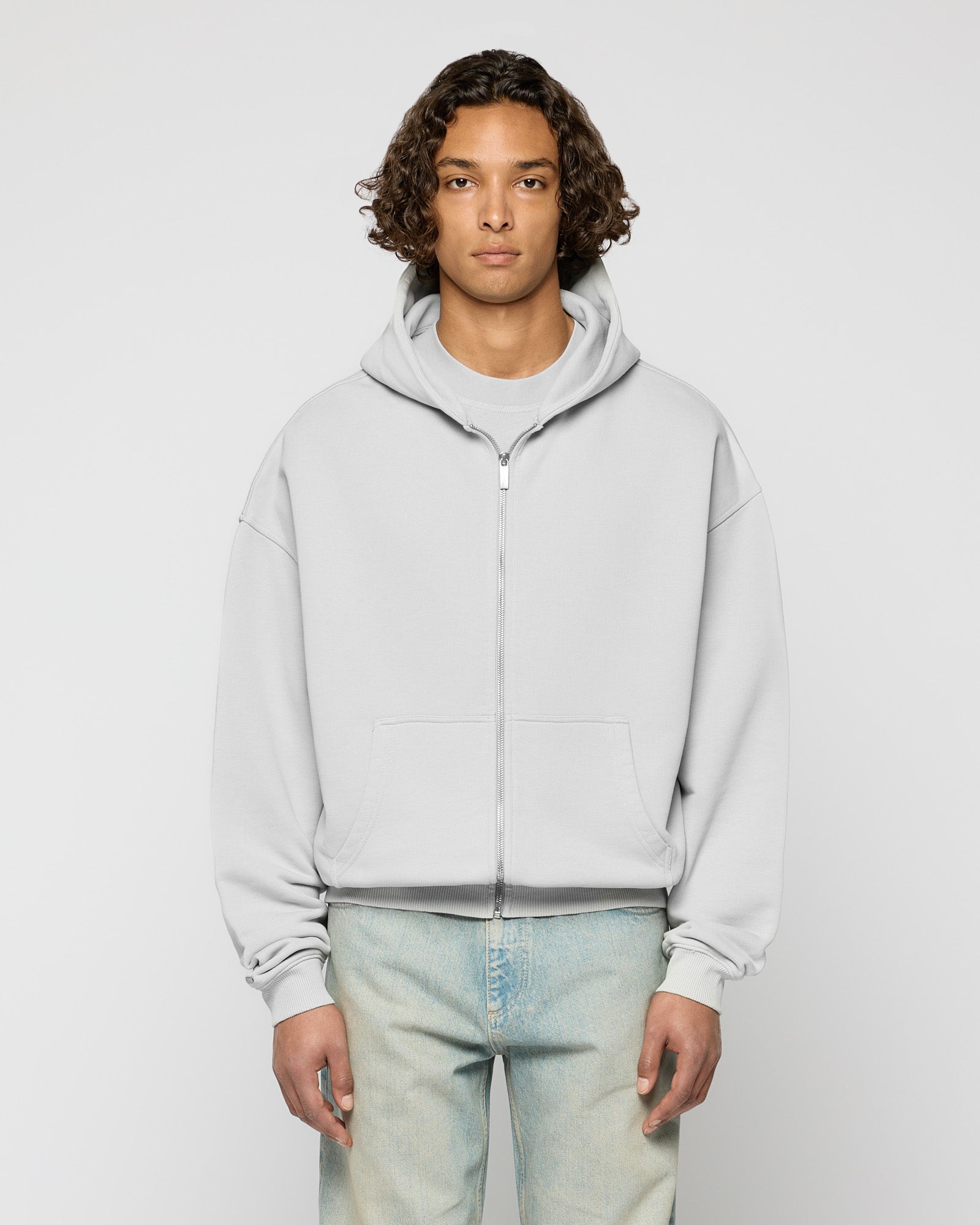 Heavy Light Grey Basic Zip Hoodie