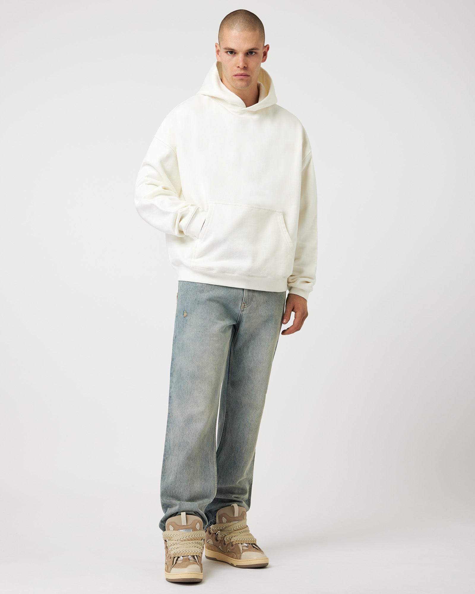 Heavy Cropped Off White Basic Hoodie